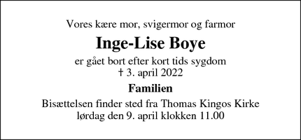 Dødsannoncen for Inge-Lise Boye - Odense M