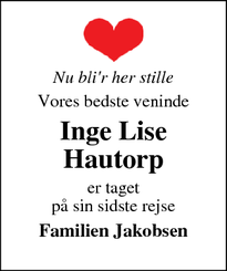 Dødsannoncen for Inge Lise Hautorp - Ringkøbing