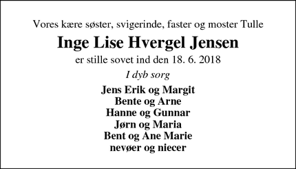 Dødsannoncen for Inge Lise Hvergel Jensen - VEJLE
