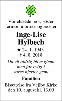 Dødsannoncen for Inge-Lise Hylbech - Ørum Djurs