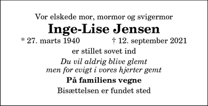 Dødsannoncen for Inge-Lise Jensen - Hadsund