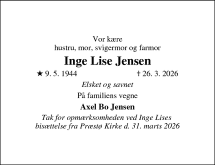 Dødsannoncen for Inge Lise Jensen - PRÆSTØ