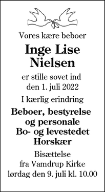 Dødsannoncen for Inge Lise Nielsen - Vamdrup, Kolding