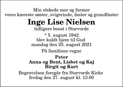 Dødsannoncen for Inge Lise Nielsen - Visse/ Aalborg