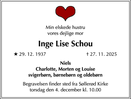 Dødsannoncen for Inge Lise Schou - Skodsborg