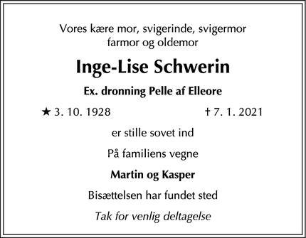 Dødsannoncen for Inge-Lise Schwerin - Rødovre