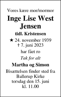 Dødsannoncen for Inge Lise West Jensen - Ballerup