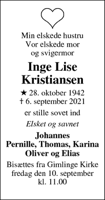Dødsannoncen for Inge Lise
Kristiansen - Vemmeløse