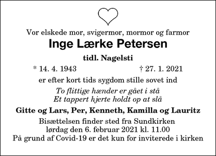Dødsannoncen for Inge Lærke Petersen  - Nykøbing F