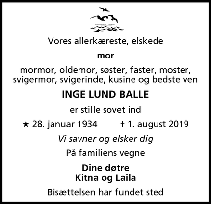 Dødsannoncen for Inge Lund Balle - Hvidovre