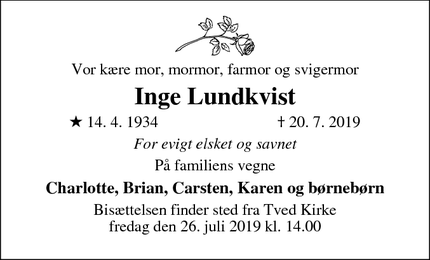 Dødsannoncen for Inge Lundkvist - 8420 