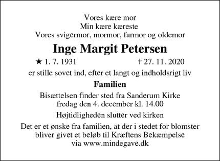 Dødsannoncen for Inge Margit Petersen - Odense
