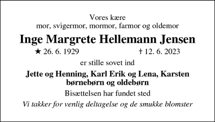 Dødsannoncen for Inge Margrete Hellemann Jensen - Skanderborg