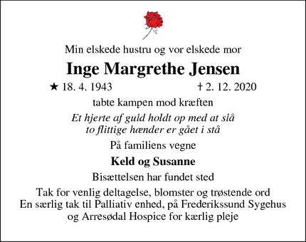 Dødsannoncen for Inge Margrethe Jensen - Hundested