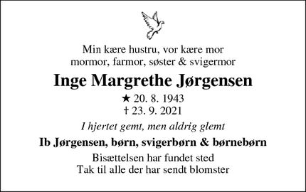 Dødsannoncen for Inge Margrethe Jørgensen - Korsør