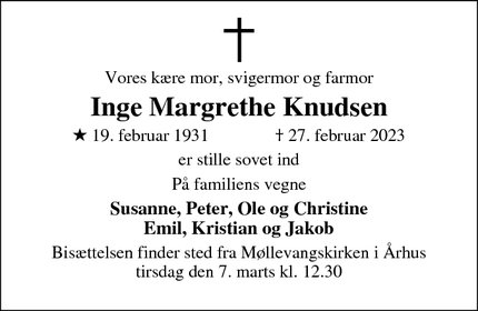Dødsannoncen for Inge Margrethe Knudsen - Odder