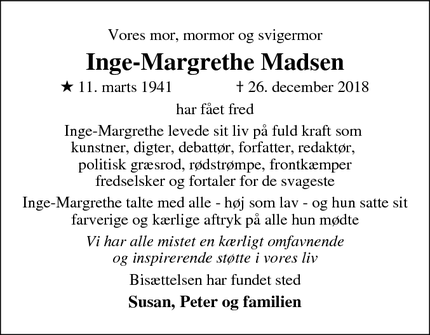 Dødsannoncen for Inge-Margrethe Madsen - Farum