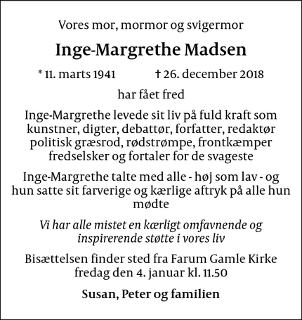Dødsannoncen for Inge-Margrethe Madsen - Farum