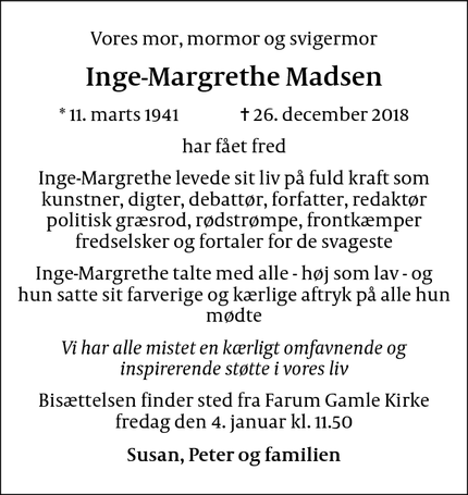 Dødsannoncen for Inge-Margrethe Madsen - Farum