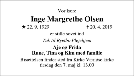 Dødsannoncen for Inge Margrethe Olsen - Værløse
