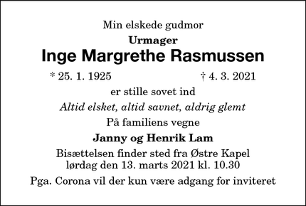 Dødsannoncen for Inge Margrethe Rasmussen - Nykøbing F.