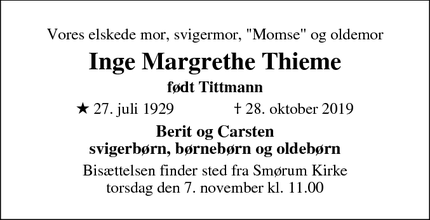 Dødsannoncen for Inge Margrethe Thieme - Smørum
