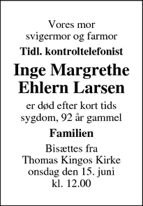 Dødsannoncen for Inge Margrethe
Ehlern Larsen - Middelfart