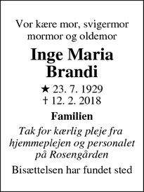 Dødsannoncen for Inge Maria
Brandi - Ørbæk