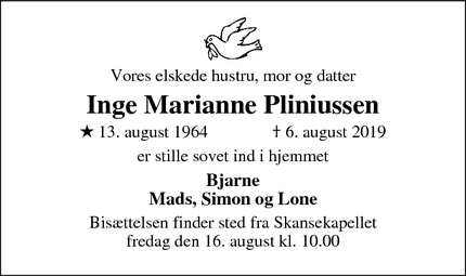 Dødsannoncen for Inge Marianne Pliniussen - Hillerød