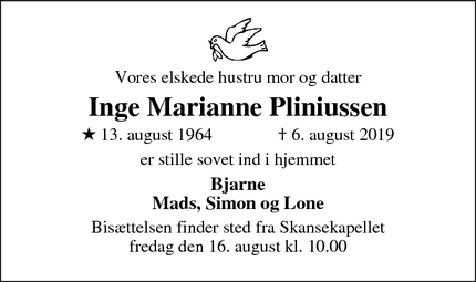 Dødsannoncen for Inge Marianne Pliniussen - Hillerød