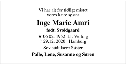 Dødsannoncen for Inge Marie Amri - Hamburg