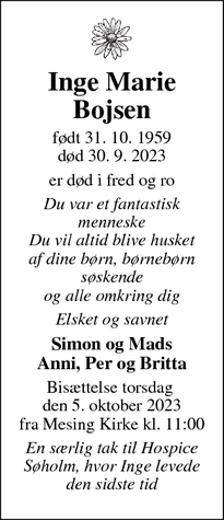 Dødsannoncen for Inge Marie Bojsen - Aarhus C