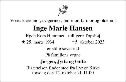 Dødsannoncen for Inge Marie Hansen - Sorø