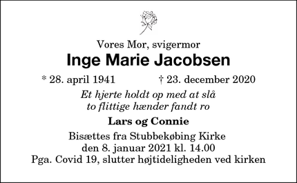 Dødsannoncen for Inge Marie Jacobsen - Stubbekøbing