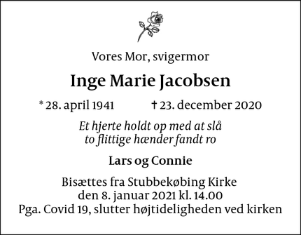 Dødsannoncen for Inge Marie Jacobsen - Stubbekøbing