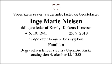 Dødsannoncen for Inge Marie Nielsen - Gentofte