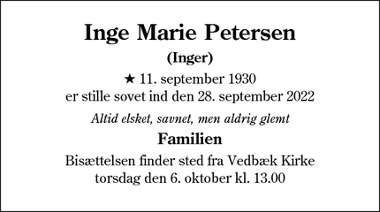 Dødsannoncen for Inge Marie Petersen - holte