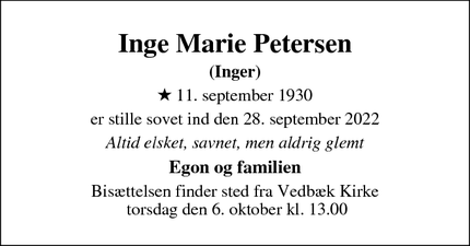 Dødsannoncen for Inge Marie Petersen - Holte 