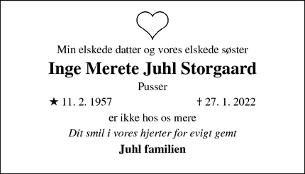 Dødsannoncen for Inge Merete Juhl Storgaard - Bjerringbro 