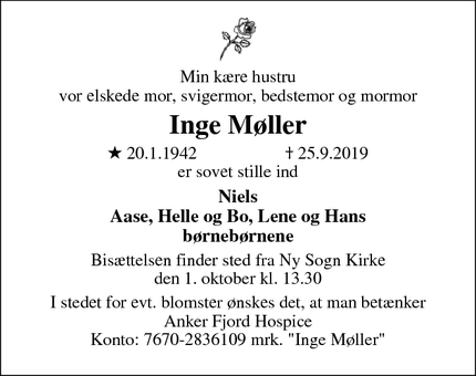 Dødsannoncen for Inge Møller - Ringkøbing