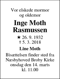 Dødsannoncen for Inge Moth Rasmussen - Odense