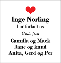Dødsannoncen for Inge Norling - Arden