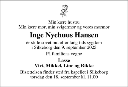 Dødsannoncen for Inge Nyehuus Hansen - Silkeborg