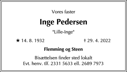 Dødsannoncen for Inge Pedersen - Smørum