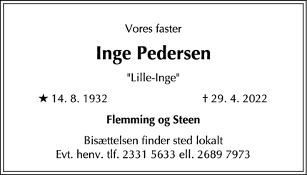 Dødsannoncen for Inge Pedersen - Smørum