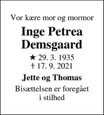 Dødsannoncen for Inge Petrea
Demsgaard - Vejlø