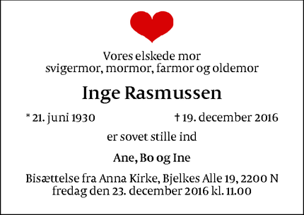 Dødsannoncen for Inge Rasmussen - København