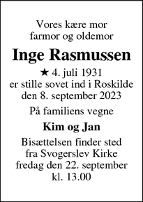 Dødsannoncen for Inge Rasmussen - Værløse