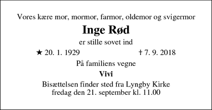 Dødsannoncen for Inge Rød - Kongens Lyngby