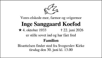 Dødsannoncen for Inge Sanggaard Koefod - Frederiksberg C